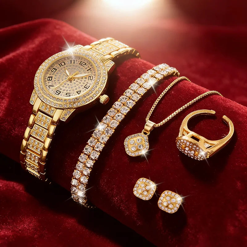 Elegant Gold Diamond Women's Watch – Luxury Jewelry Set