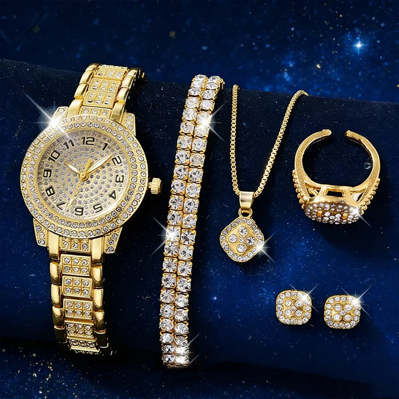 Elegant Gold Diamond Women's Watch – Luxury Jewelry Set