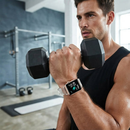 A person wearing a square digital sports watch with a transparent band while working out in a modern gym setting.