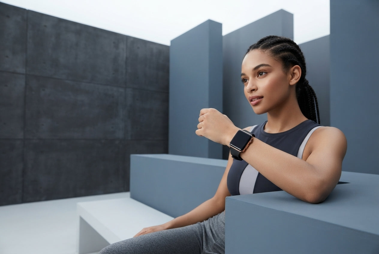 A person wearing a square digital sports watch with a transparent band against a minimalist slate blue and charcoal backgroun