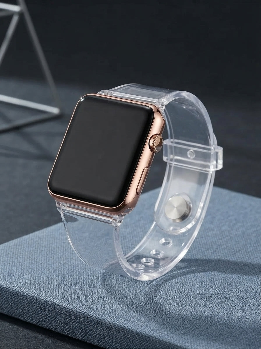 A square digital sports watch with a transparent band resting on a slate blue surface against a dark charcoal background.